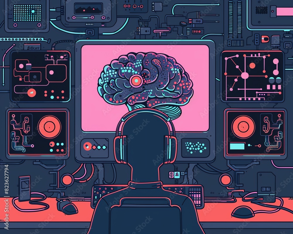 Poster a person working at a futuristic computer station with a digital brain on screen, surrounded by comp