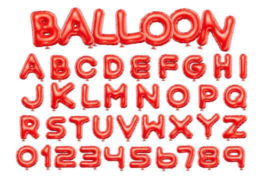 3d style vector of inflated glossy red balloon alphabet and numbers on white background
