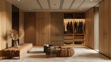  the design of a luxurious walk in closet with wooden panels and a soft area. luxury wardrobe area of the room that looks like modern, in the style of narrative paneling, earthy brown tones