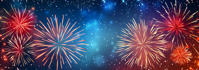 Fototapeta premium Fireworks explode with stars and snowfall