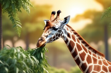 Close-up of a giraffe against a background of green trees eating leaves, the sun is shining over the savannah, the concept of a safari trip, a nature reserve, a zoo
