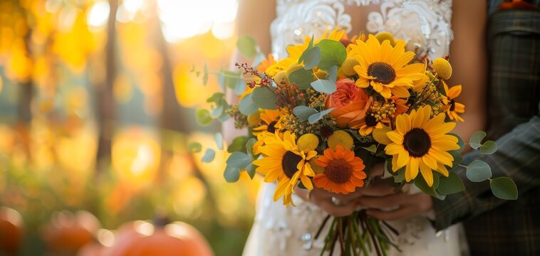 Autumn wedding with pumpkins and sunflowers close up, seasonal romance, dynamic, overlay, outdoor venue