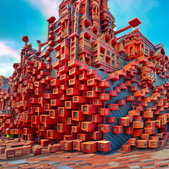 Geometric design of red buildings.