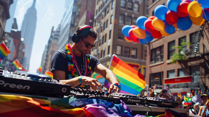 A pride parade float with a large rainbow flag