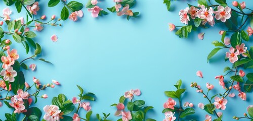 a blue background with flowers and leaves on it, copy space, flat lay