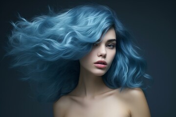 Fototapeta premium Portrait of a woman with vibrant blue hair swirling around her, on a dark background