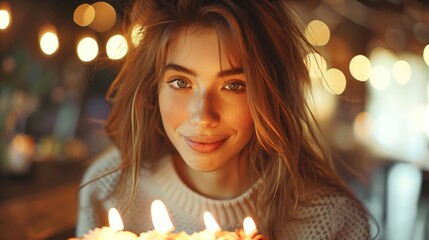 a person in a cozy knit sweater stands before a birthday cake, its candles lit with anticipation. The warm, ambient lighting casts a golden hue