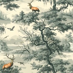Toile de Jouy Textile Design Featuring Loch Tay Glen with Deer and Pheasants ,Toile de Jouy Style ,Seamless Patterns