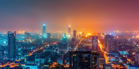 Nighttime cityscape photo from tall building capturing illuminated urban lights. Concept Nighttime Photography, Cityscape, Urban Lights, Tall Buildings, Illumination - Powered by Adobe