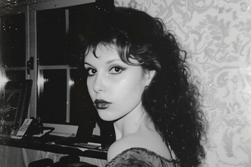 A black and white Polaroid close-up of a 1970s model with flowing, messy hair, sporting a striped off-the-shoulder dress, glancing back at the camera in a neon-lit, shadowy room.