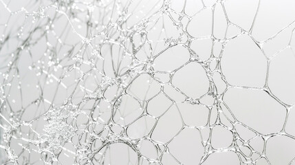 A delicate, intricate web of silver acrylic paint, fine and sparkling, on a solid white background,...