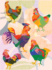 Aesthetic chicken, hen, rooster on colorful abstract background line art hand drawn vector illustration. Farm animal collection dessign for art, background, poster, cover and decoration.