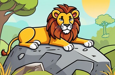 Illustration of a cartoon character, a lion lying on a stone against a background of trees and the sun in the savannah, the concept of a safari trip