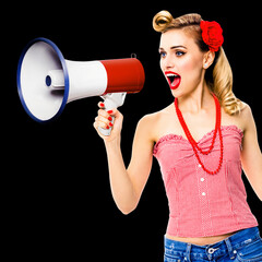 Blond haired woman holding megaphone and shout something. Girl in red pinup style, isolated on dark...