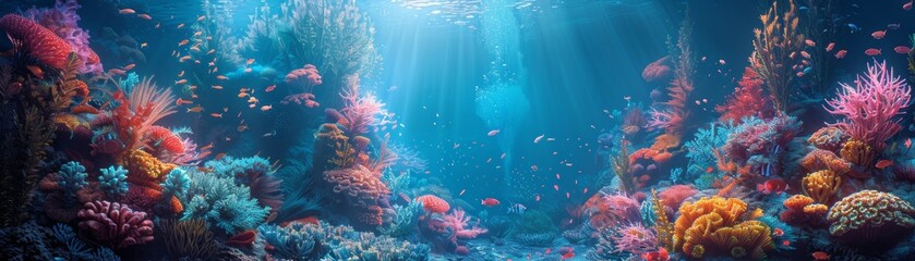 Underwater coral reef with bright colors and exotic fish