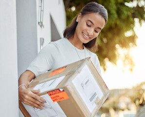Woman, happy and delivery package with box at house for e commerce order, cargo and product from...