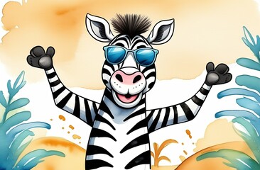 Illustration of a cartoon character, a smiling zebra in sunglasses and with paws raised up against the background of grass in the savannah, the concept of a safari trip, watercolor style