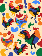 Aesthetic chicken, hen, rooster on colorful abstract background line art hand drawn vector illustration. Farm animal collection dessign for art, background, poster, cover and decoration.