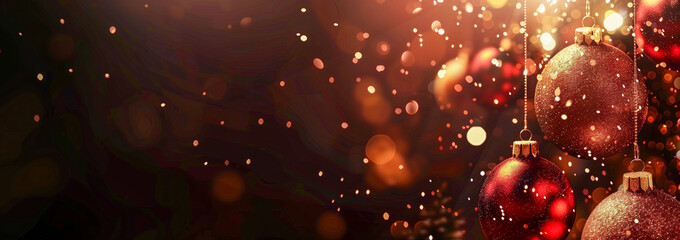 Xmas tree baubles with bokeh lights, banner
