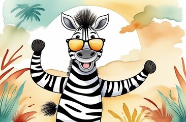 Illustration of cartoon character, smiling zebra in sunglasses and with paws raised up dancing against background of grass, palm trees and sun in savannah, concept of safari trip, watercolor style