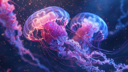 Glowing jellyfish in the dark ocean.