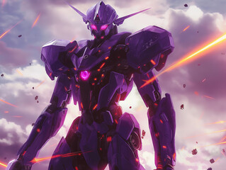 Giant Humanoid Robot, purple armour with glowing red eyes and neon lights on the body. Background of a stormy sky with debris flying around.