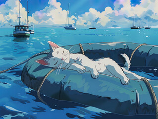 A white cat lying on an inflatable raft in the sea, with a blue sky with white clouds and sailing boats in the background. Anime style