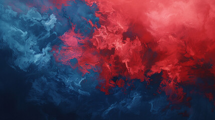A bold contrast of cherry red and deep sea blue oil paint clouds, creating a visually striking abstract representation of oceanic depths.