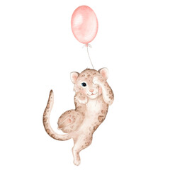 Cute childish illustration of a beige leopard with a pink color balloon. Hand drawn watercolor illustration on isolated background. Baby animal with balloon for baby design in minimalist style.