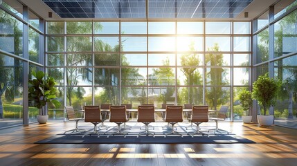 Modern conference room with large windows overlooking a lush green garden, bathed in warm sunlight.