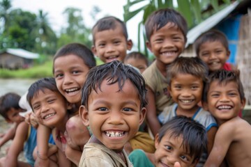 Group of asian kids smiling and looking at the camera in a village