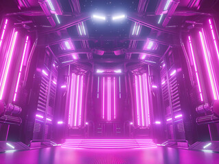 Sci Fi Futuristic Giant Stage Neon Glowing Gradient Vibrant Purple Pink Colored Metal Shiny Glossy Stage Modern Cyber Background, 3D Rendering