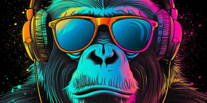 Cool neon party dj monkey in headphones and sunglasses