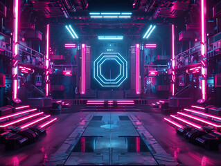 Sci Fi Futuristic Stage Neon Glowing Gradient Vibrant Pink Blue Colored Metal Shiny Glossy Star Stage Mesh Floor Clean Modern Cyber Background, 3D Rendering