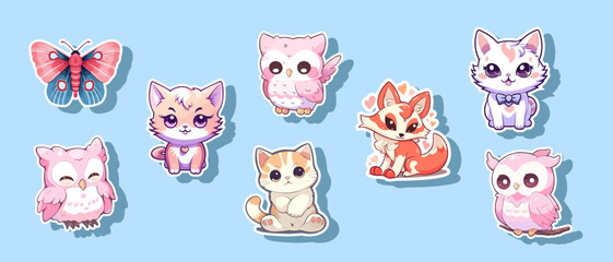 Big set of cute cartoon animal stickers vector illustration. Flat trend design.