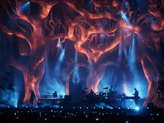 An epic rock band concert stage design made of trees and roots, with blue lights shining through orange vines that glow in the dark, a crowd is watching on their seats.