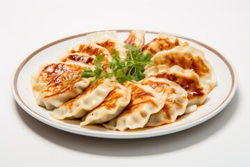 Tempting gyoza on a ceramic tile against a white marble background