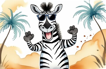 Illustration of a cartoon character, smiling zebra in sunglasses and with paws raised up against a background of palm trees in the savannah, the concept of a safari trip, watercolor style