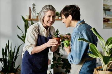 Two women in aprons discussing plants.