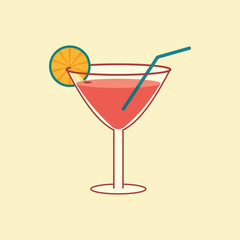 Glass of cocktail in flat style. Vector illustration for greeting cards, postcards, invitations, menu design, icons. Line art template