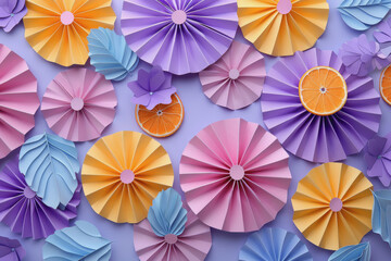 Abstract paper craft shapes in bright colors and photorealistic lilac background.