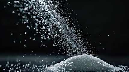 Side view, a cascading flow of fine sugar granules, surreal, caught mid-air, high-speed photography, crisp detail, contrasting dark backdrop, each grain visible