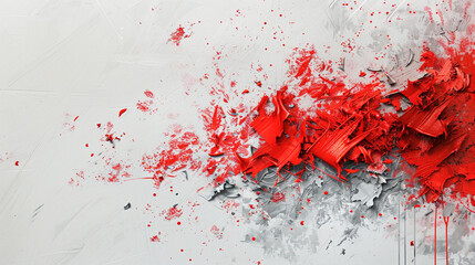 Bright red and soft grey oil paint randomly splattered on a white canvas, creating a striking,...