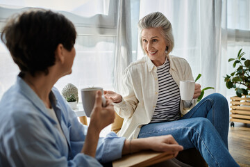 Two senior women enjoying a conversation on a sofa with coffee.