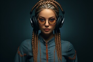 Portrait of a trendy woman with braided hair and glasses listening to music on headphones against a...