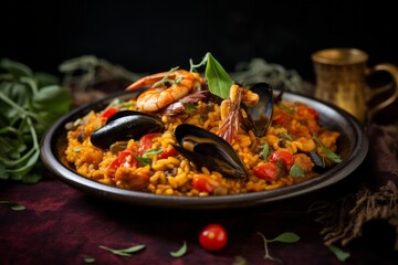 Tempting paella on a palm leaf plate against a painted brick background