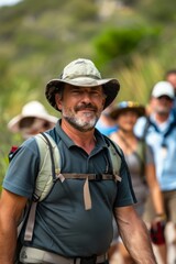 A man wearing a hat and carrying a backpack is leading a group on a hiking adventure. The man is equipped with essential gear for the journey into the wilderness