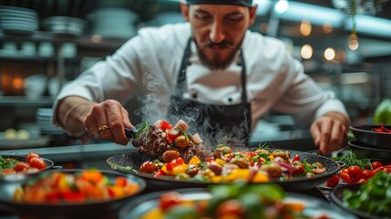 A chef is meticulously adding green garnishes to a prepared meal in a professional kitchen, showing focus and expertise