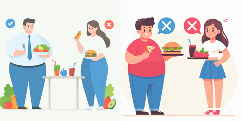 vector set of men and women are obese because of eating