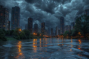 Fototapeta premium Stormy Sky Over City With River